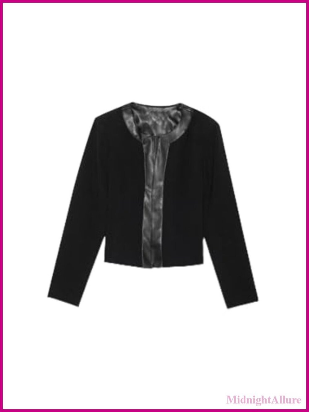 Women's Faux Leather Trim Blazer Jacket Collarless Long Sleeve Zip